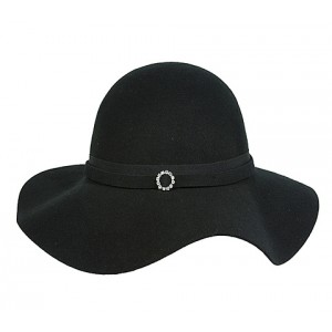 Hats – 12 PCS Big Brim Wool Felt Hats w/ Rhinestone Ring Band - Black - HT-CC12-7BK